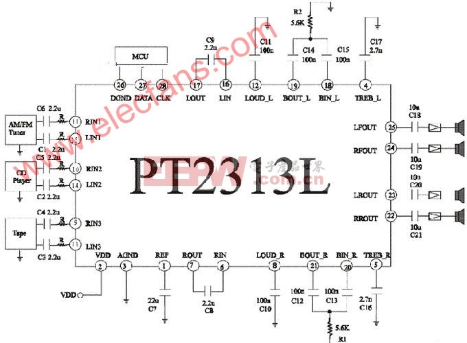 pt2313设计的低音炮电路图