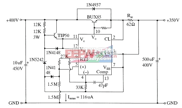 lm723n高压稳压电路输入400v输出350vlm723highvoltagepowersupply