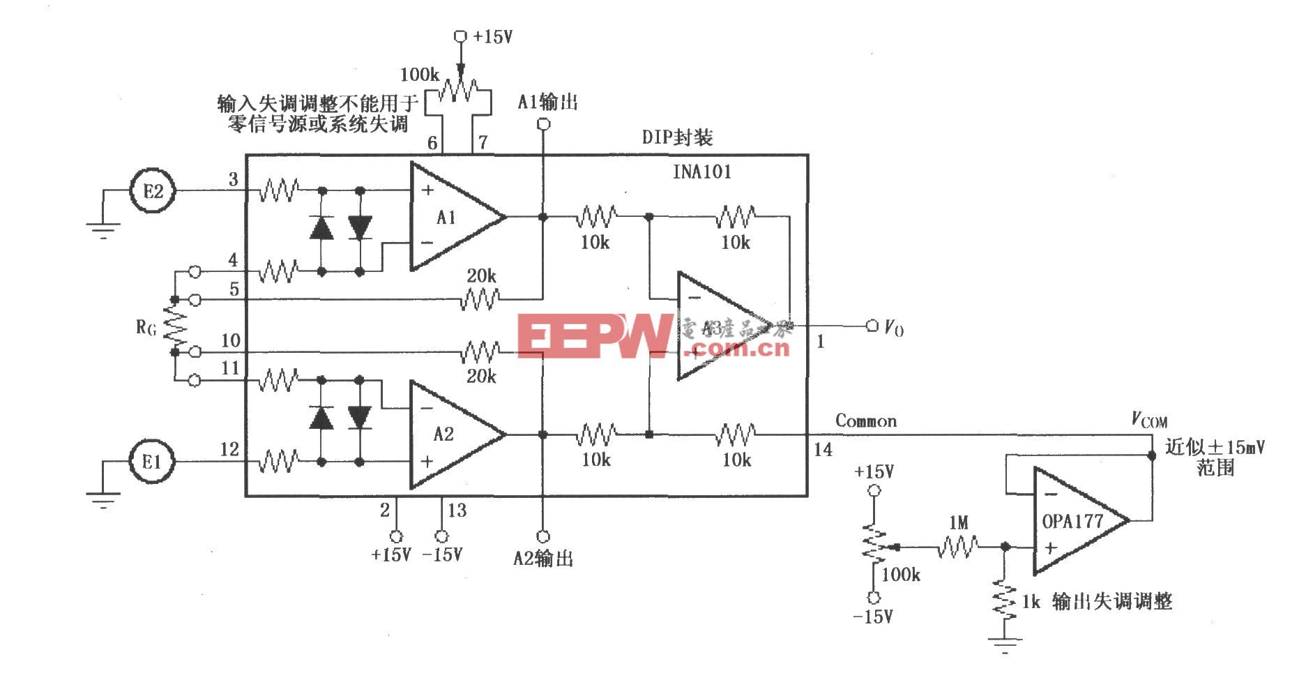 ina101的可微调输入和输出失调电压电路