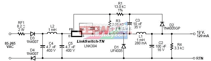 lnk304通用12v120毫安非隔离电源lnk304powersupply