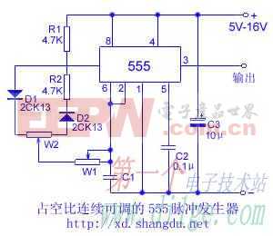 本电路是一个稍加变化的555多谐振荡器电路