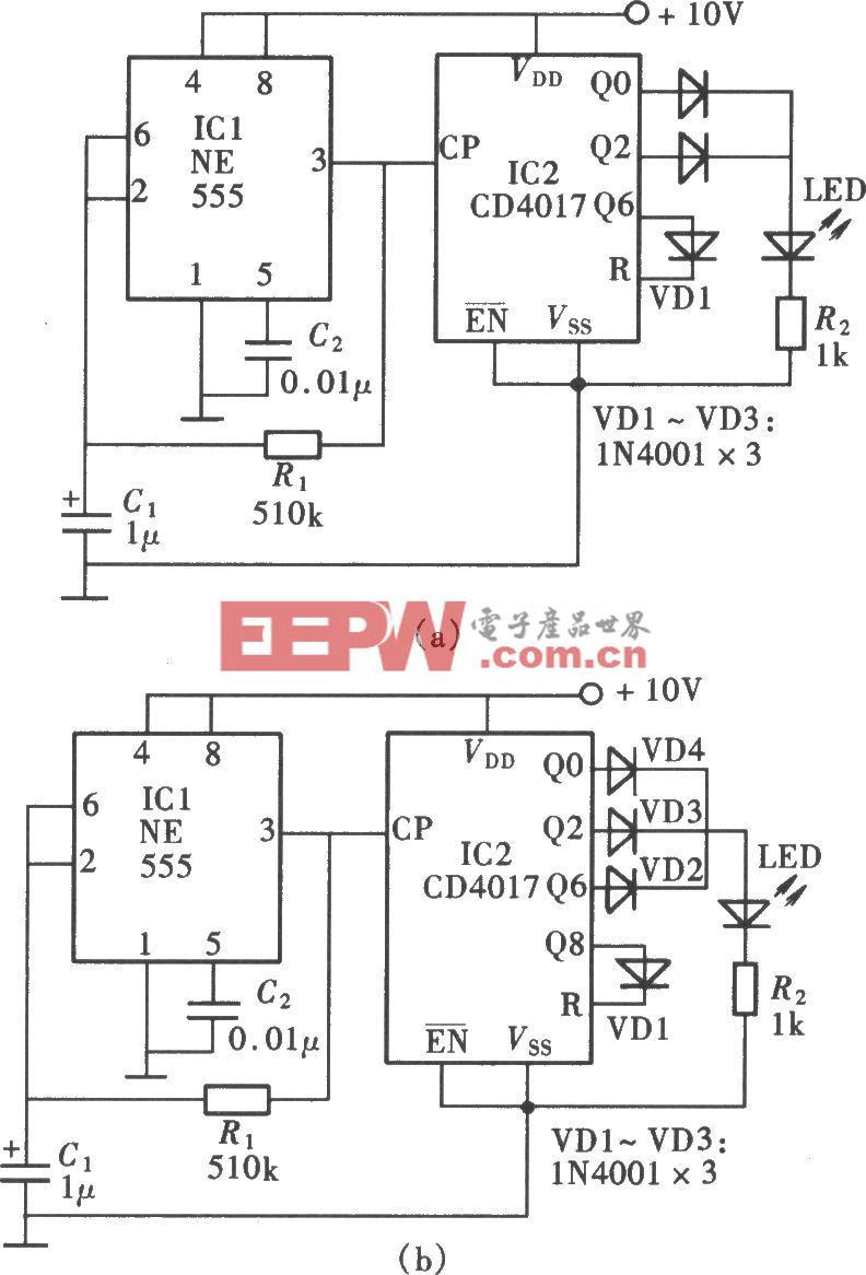 由ne555,cd4017组成的双闪,三闪信号灯电路