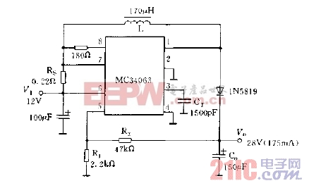 采用mc34063系列构成的升压型稳压电路图