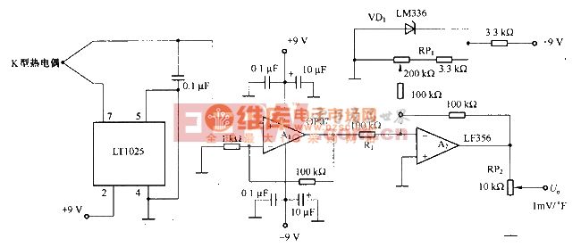 由k型热电偶等构成的温度测量电路