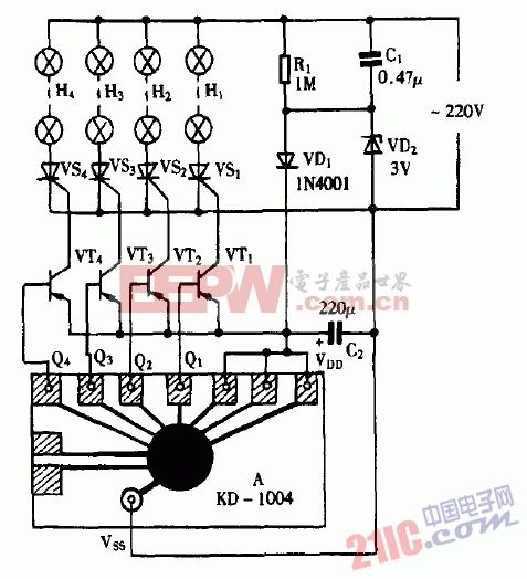 巧用kd1004作流水彩灯控制器电路图