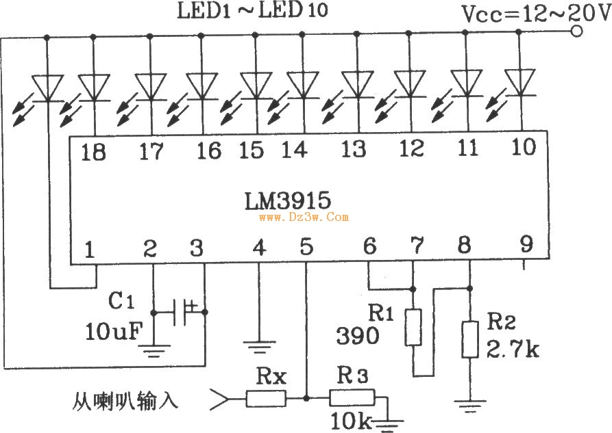 lm3915构成音频音量电平显示电路图