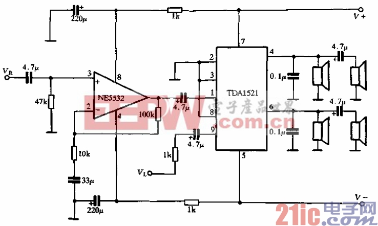 用tda1521与ne5532组成的有源音箱功放电路,采用双声道输入双声道输出