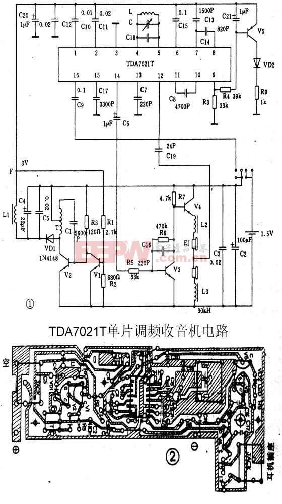 tda7021t单片调频收音机电路