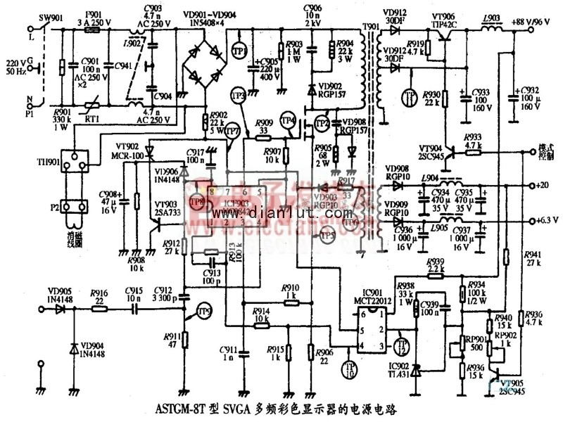 ast gm-8t型svga彩色显示器电源电路原理图