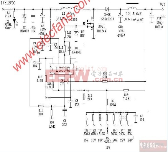 12v转24v,15v,16v,18v,20v,22v可调升压的电路图