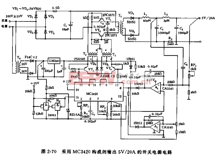 采用mc3420构成输出5v20a的开关电源电路