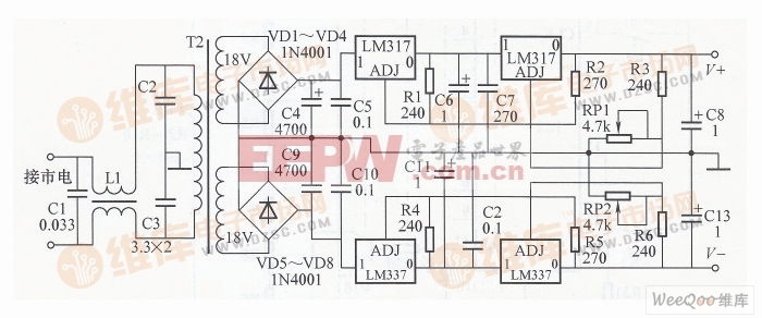 音响前级高精度直流稳压电源电路图