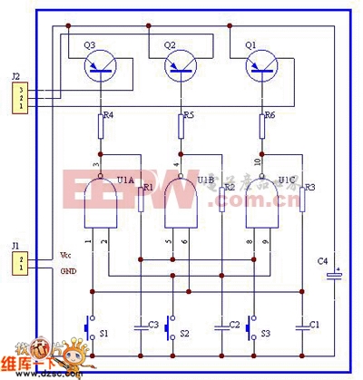 简单实用的3键互锁电子开关电路图