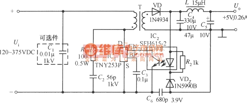 tny253p构成的5v,0.26a彩电待机电源电路图