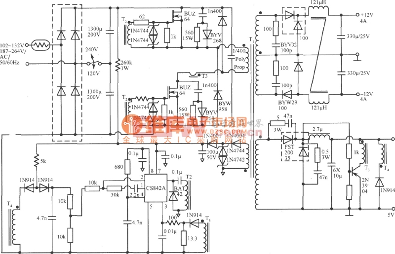 由cs3842构成的三输出直流稳压电源电路图