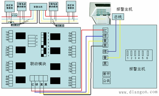 图1 报警主机和联动模块接线