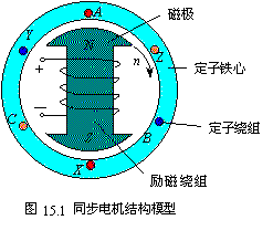 同步发电机的结构模型如图所示:转子上有成对的磁极,定子上有三相对称