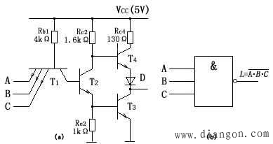 图3具有多发射级bjt的3输入端与非门电路(a)电路图(b)逻辑符号