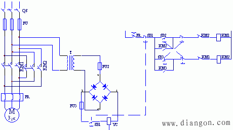 图3电磁离合器制动控制线路线路工作原理为:当按下sb2或sb3,电动机