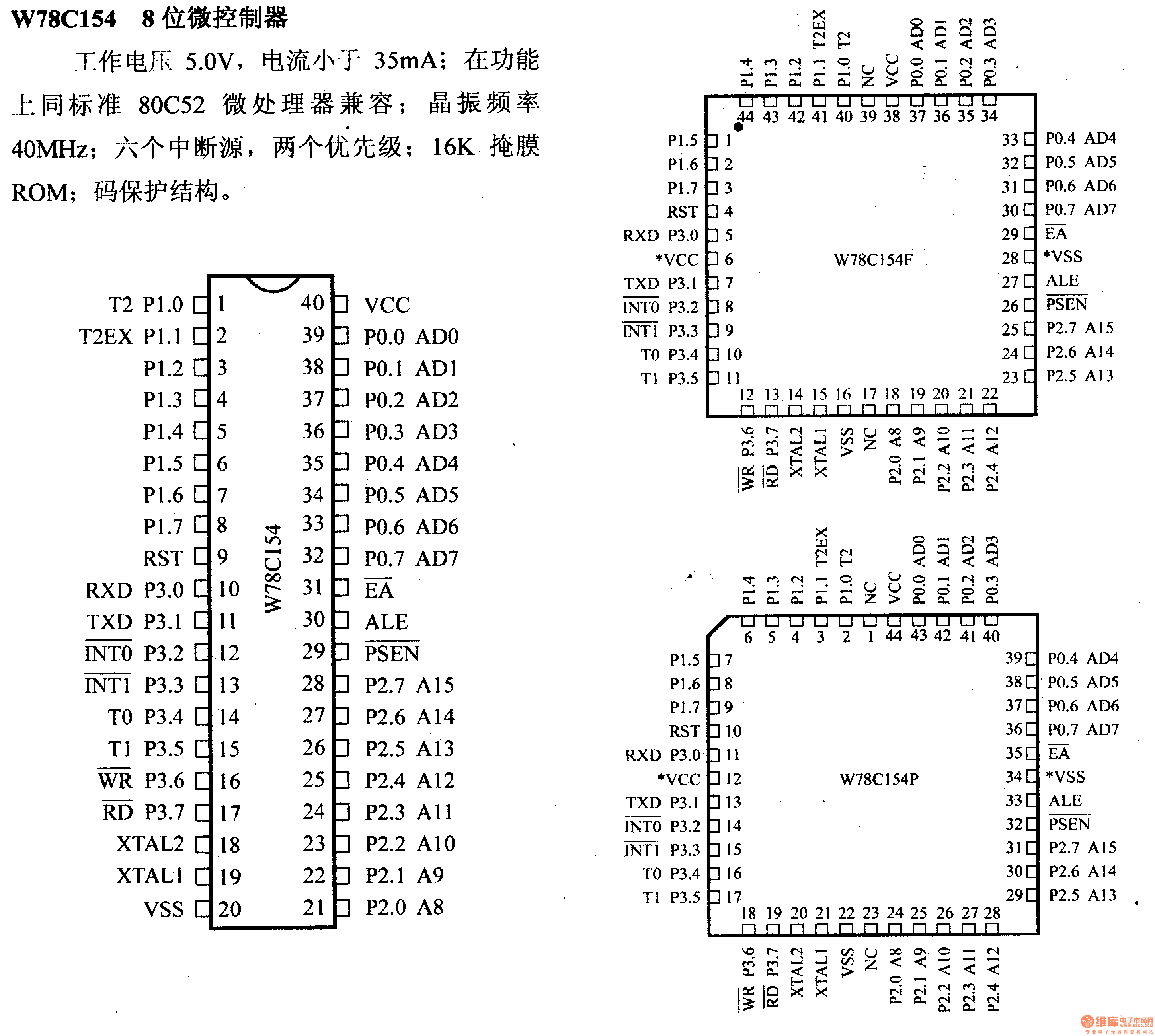 芯片引脚及主要特性w78c154 八位仿真微控制器