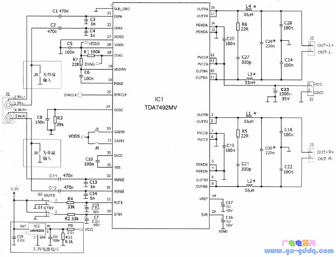 液晶电视机和监视器用tda7492立体声d类功率放大器