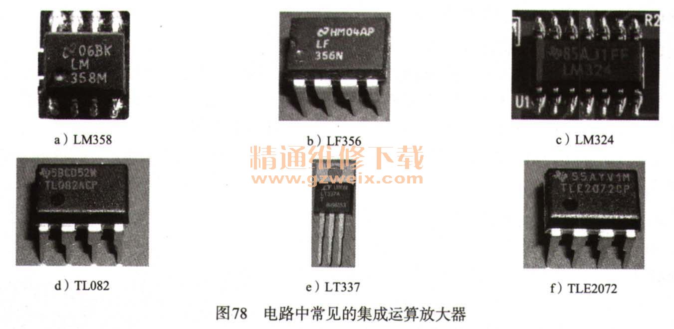 在电路中,集成运算放大器常用字母u表示,常用的电路图形符号如图79