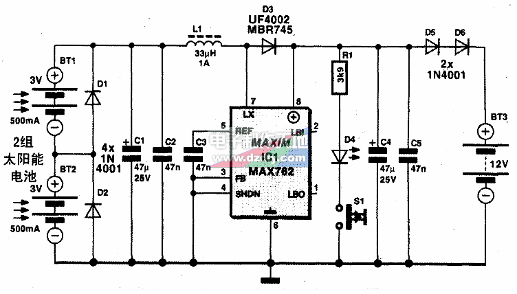 max762太阳能密封式铅酸电池充电器电路图solar battery charger with