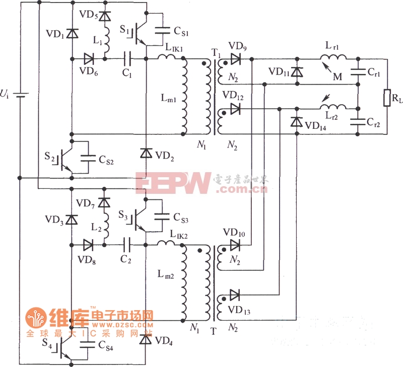 双管正激变换器电路拓扑图电路图