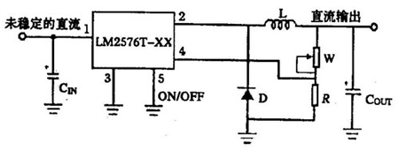 稳压器控制端4 脚接于电位器w和电阻r 组成的分压电路上,改变w即可