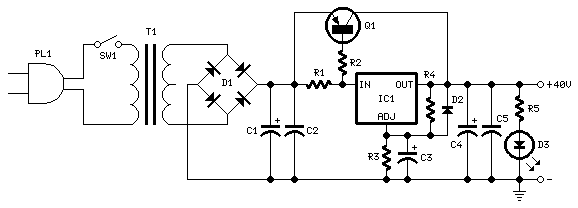 基于tip42a和lm317的40v稳压电源电路图