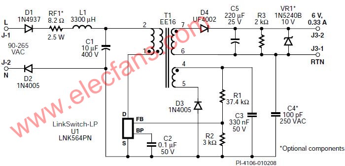 使用lnk564pn的输出6v330ma的2w低成本反激式