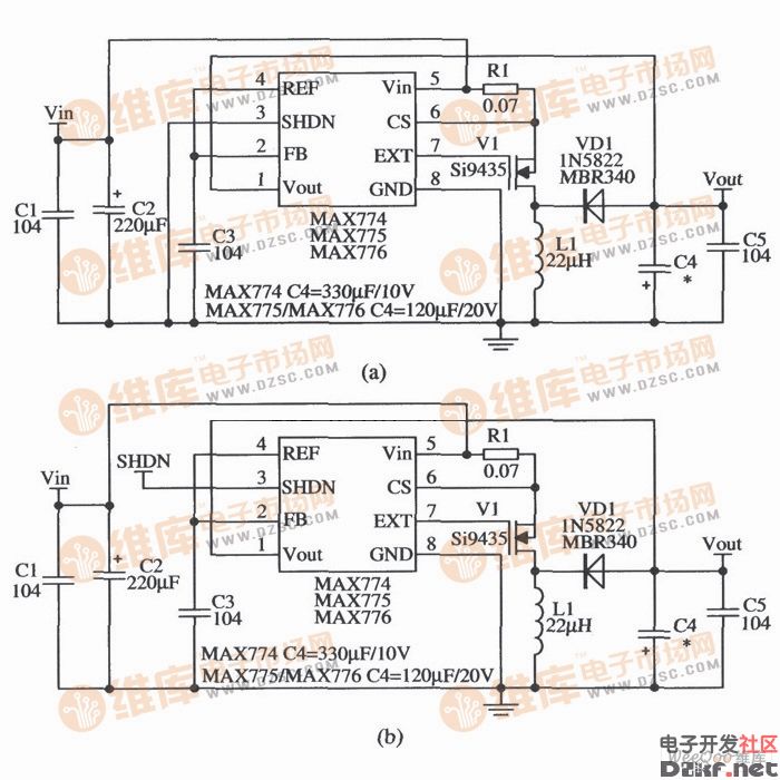 开关集成稳压器max774max775max776的典型应用电路图