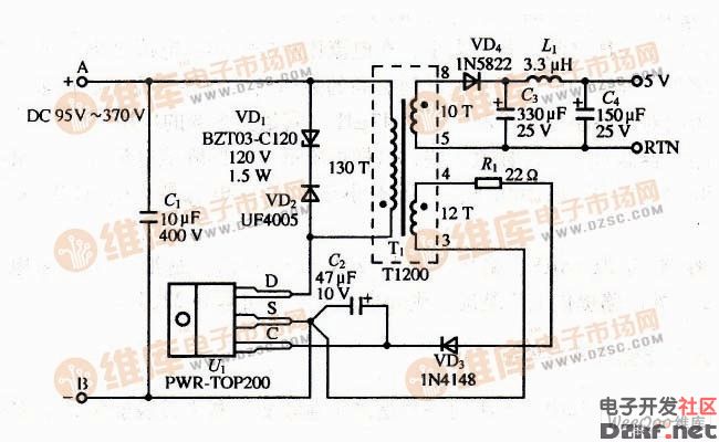 技术资讯 高频变压器式开关电源原理图     如图是用三端高压开关器件