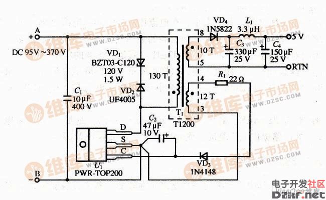电源原理图    如图是用三端高压开关器件pwr-top200设计的5v开关电源