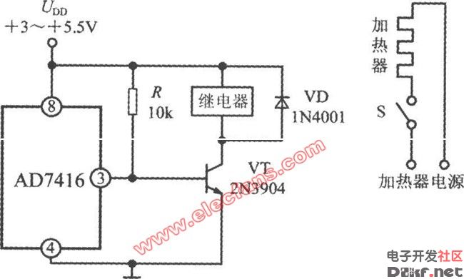 当温度低于thyst时,ad7416输出高电平,使vt导通,继电器吸合,将加热器