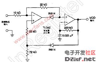 本电路利用一个双运算放大器(tl082)来形成压控振荡器(vco).