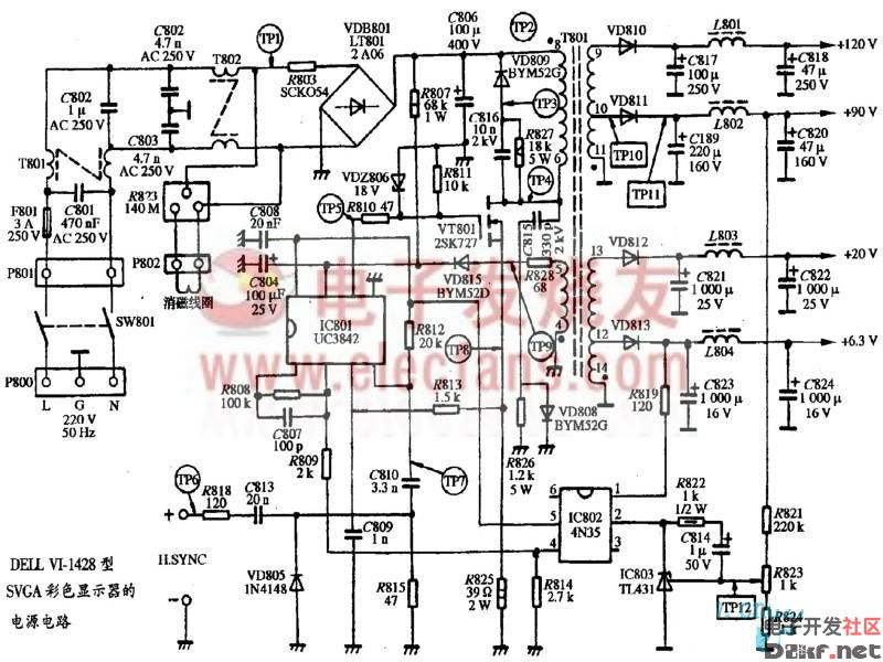 dellvi-1428型svga彩色显示器电源电路图