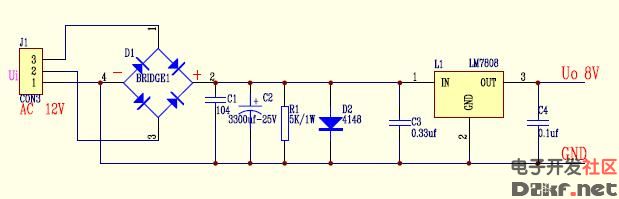 输出8v的稳压电源电路(lm7808组成)