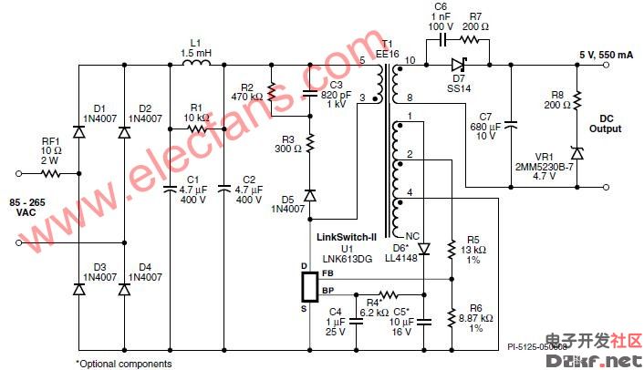 电路图,该设计采用了power integrations的linkswitch系列产品lnk613