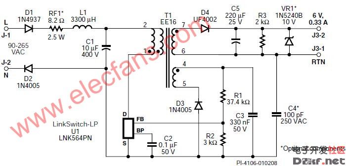 使用lnk564pn的输出6v,330ma的2w低成本反激式充电器电源