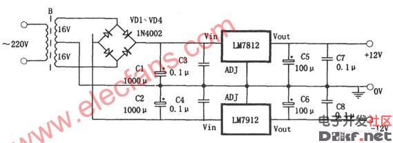 双极性对称稳压电源电路(lm7812,lm7912)