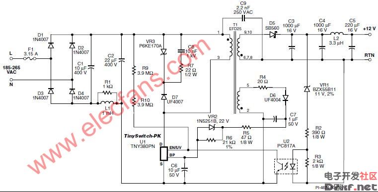 使用tny380pn的通用电压输出,20w连续输入功率,45w峰值功率的电源电路