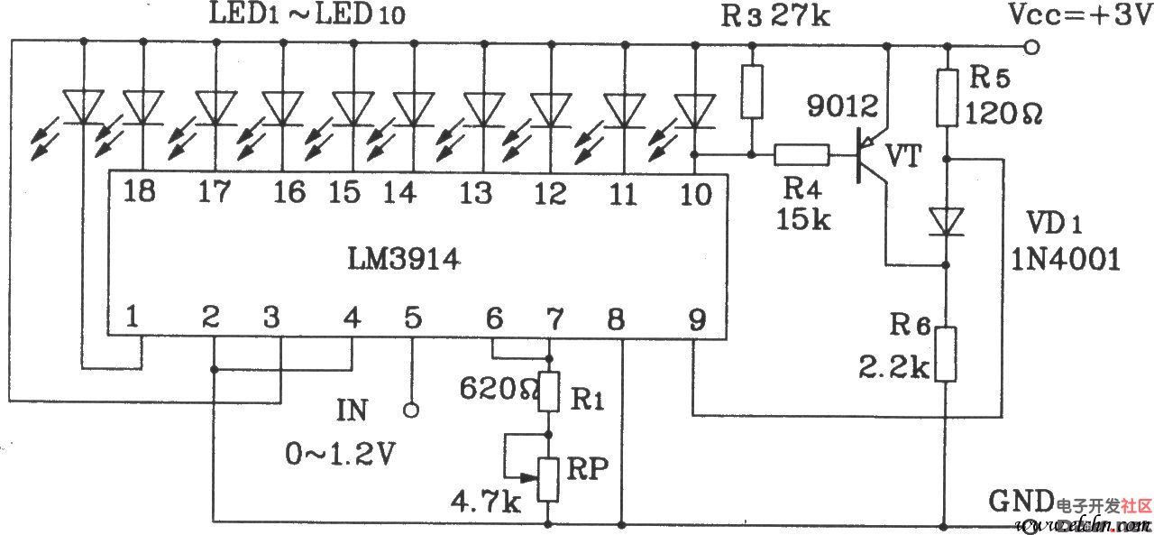 lm3914构成点显示,线溢出的led显示电路图