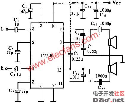 d7240(5.8w)双音频功率放大电路的应用