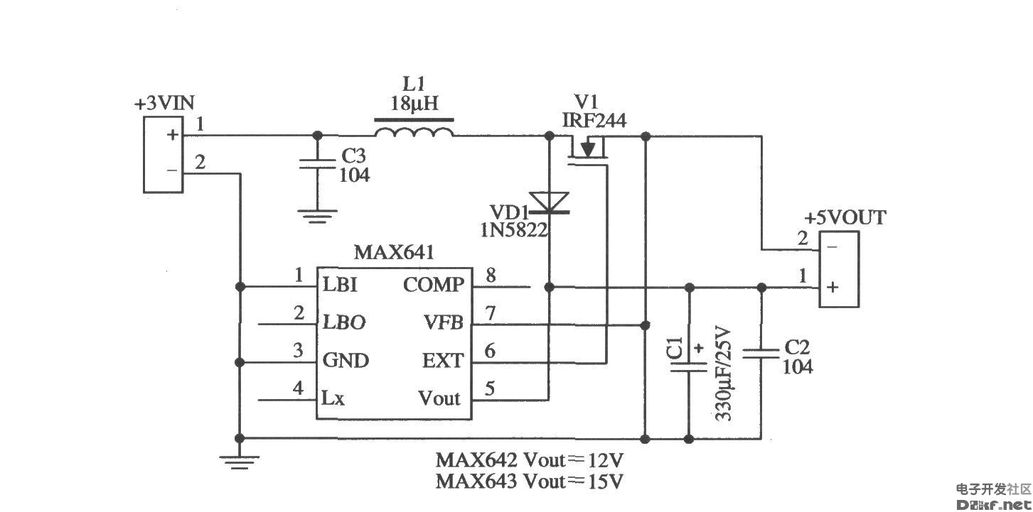 max641构成固定5v输出的应用电路