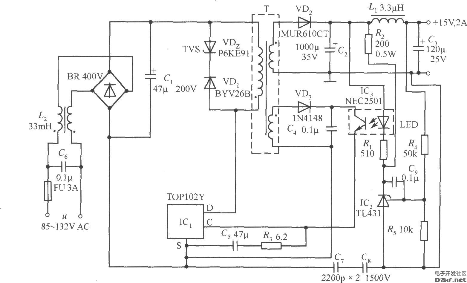 top102y构成的15v2a开关直流稳压电源电路