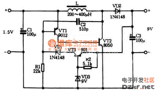 该电路可将一节1.5v的电池升压至9v,用来取代9v叠层电池使用.