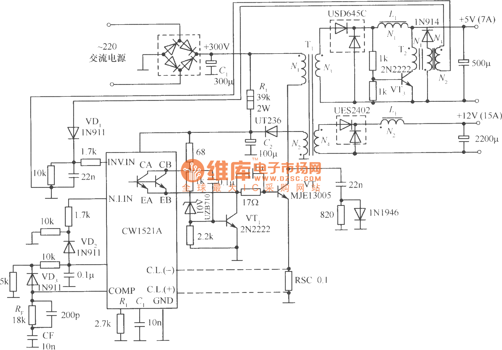 相关元件pdf下载: cw1521a   2n2222   mje13005