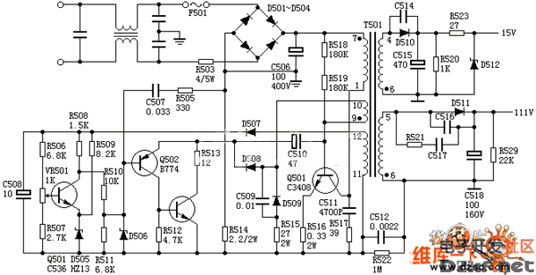 q504     q501及周边元件构成取样稳压电路,t501的(11),(12)脚为误差