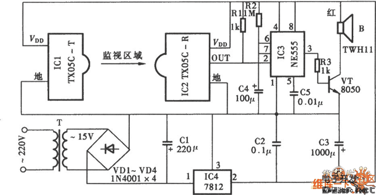 门窗红外监视防盗报警器电路图